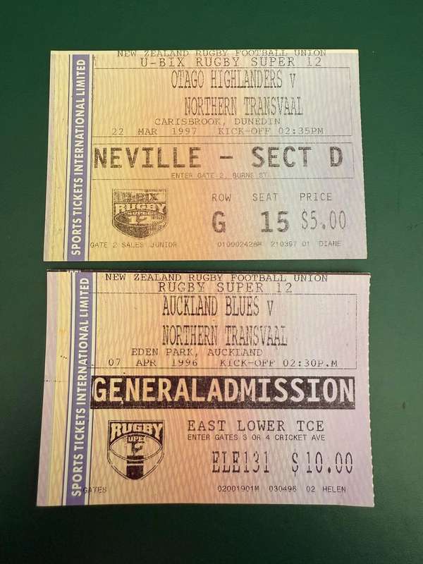 Rugby Tickets * 2 - Auckland/Otago vs Northern-Transvaal 07/04/1996 and 22/03/1997