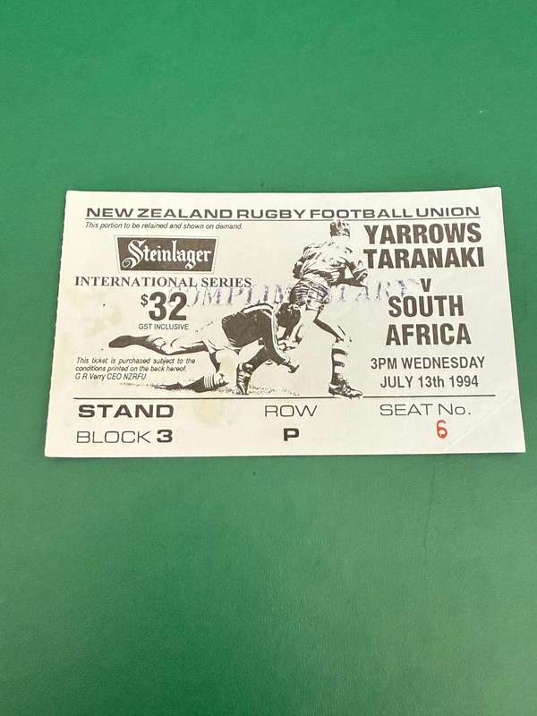 Rugby Ticket - *TOUR MATCH* Taranaki Yarrows vs South-Africa 13/07/1994