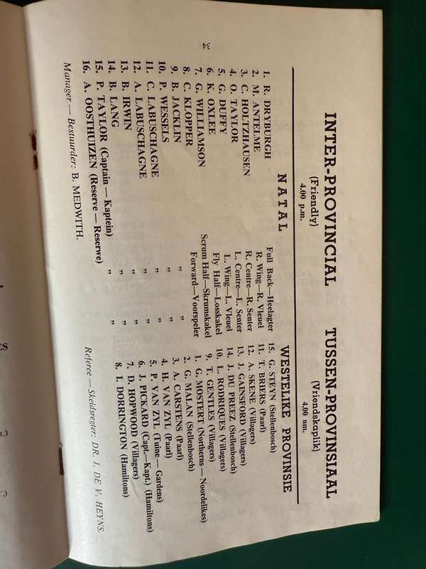 Rugby Programme - *WP 75 year Anniversary* Western-Province vs Natal 01/09/1958
