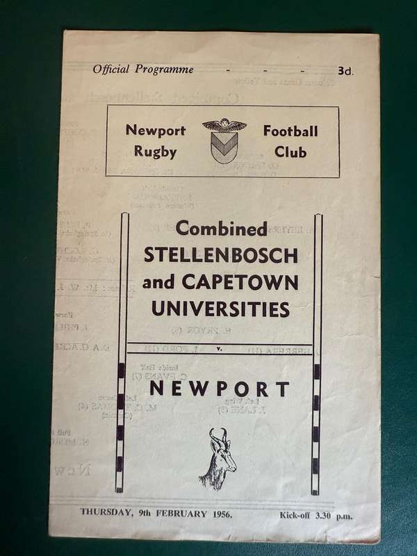 Rugby Programme - *TOUR* Newport vs  Combined Stellenbosch and Capetown Universities 9/02/1956