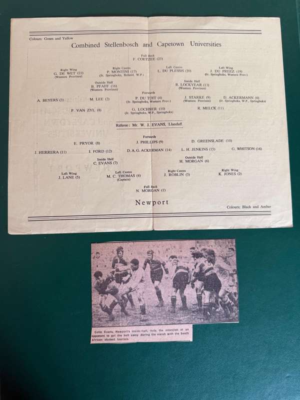 Rugby Programme - *TOUR* Newport vs  Combined Stellenbosch and Capetown Universities 9/02/1956