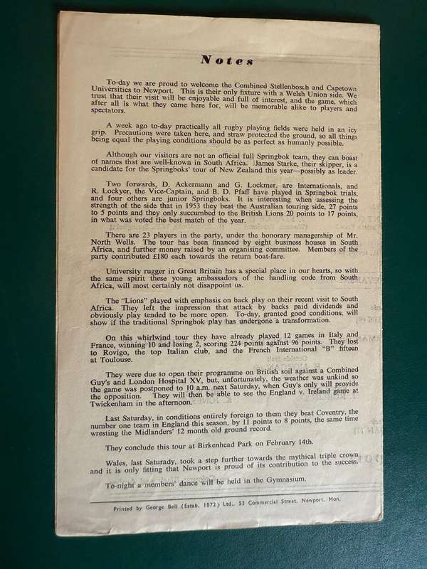Rugby Programme - *TOUR* Newport vs  Combined Stellenbosch and Capetown Universities 9/02/1956