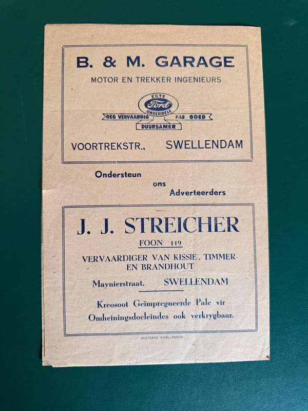 Rugby Programme - Boland vs South Western Districts 19/05/1956 (Swellendam)