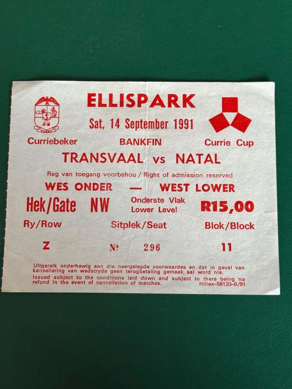 Rugby Ticket - Transvaal vs Natal 14/09/1991