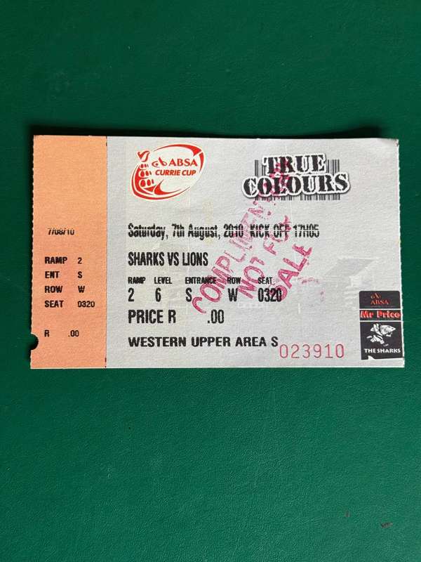 Rugby Ticket - Sharks vs Lions 07/08/2010