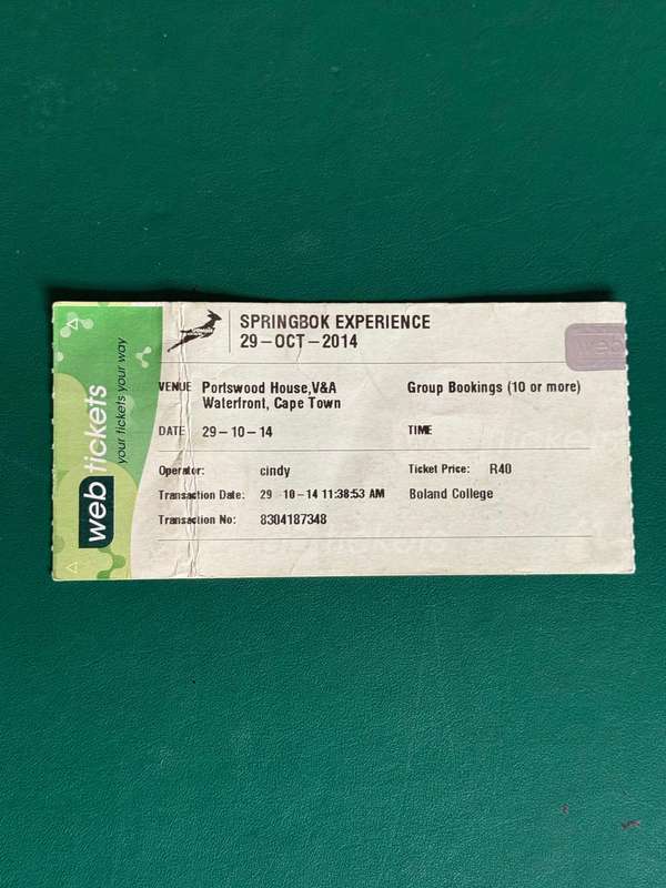 Rugby Ticket - The Springbok Experience (V & A Watefront) 29/10/2014