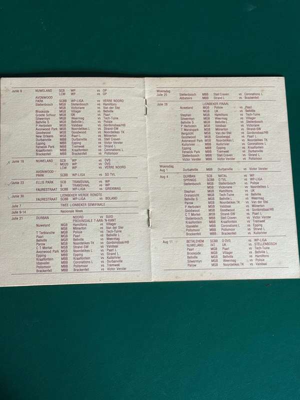 Rugby Itinerary - 1990 Western-Province Rugby Union issued by Tassenberg