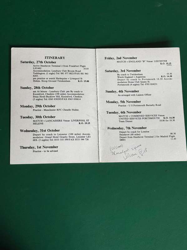 Rugby Itinerary - 27/10/1990 to 7/11/1990 Namibian Rugby Union Tour to England.