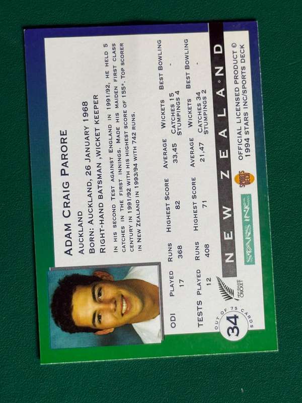 Cricket Card - *SIGNED* Adam Parore 1994 Sports Deck Cricket Card