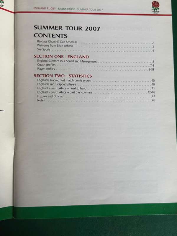 Rugby Book/Media Guide - 2007 England Tour of South-Africa (48 pages)