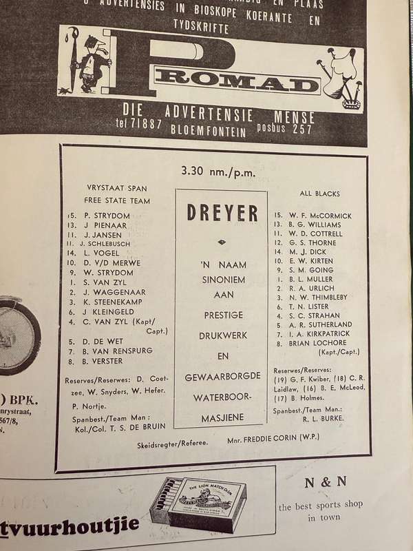 Rugby Programme - *TOUR MATCH* Orange Free State vs New Zealand All Blacks 18/07/1970