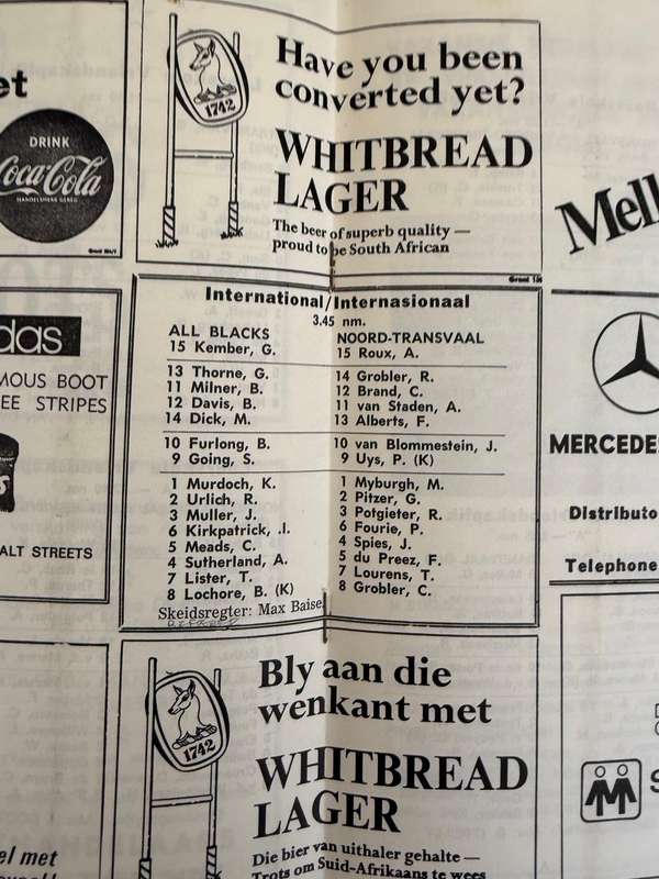 Rugby Programme - *TOUR MATCH* - Northern-Transvaal vs New Zealand All Blacks 05/09/1970
