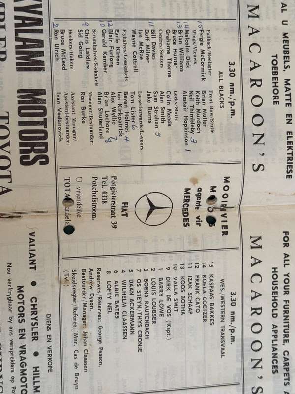 Rugby Programme - *TOUR MATCH*  Western-Transvaal vs New Zealand All Blacks 13/07/1970