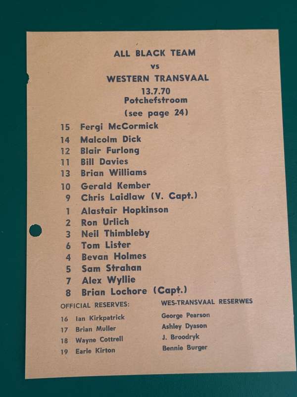 Rugby Programme - *TOUR MATCH*  Western-Transvaal vs New Zealand All Blacks 13/07/1970