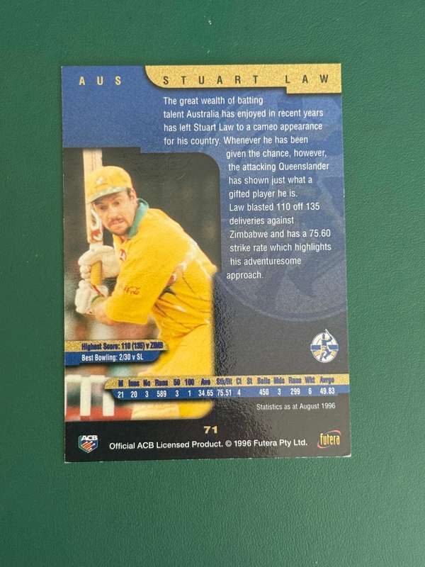 Cricket Card - *SIGNED* Stuart Law (Nr71) 1996 Futera Cricket Card