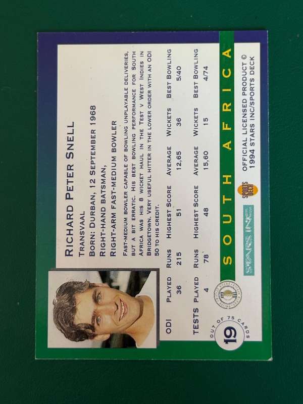 Cricket Card - *SIGNED* Richard Snell 1994 Sports Deck Cricket Card
