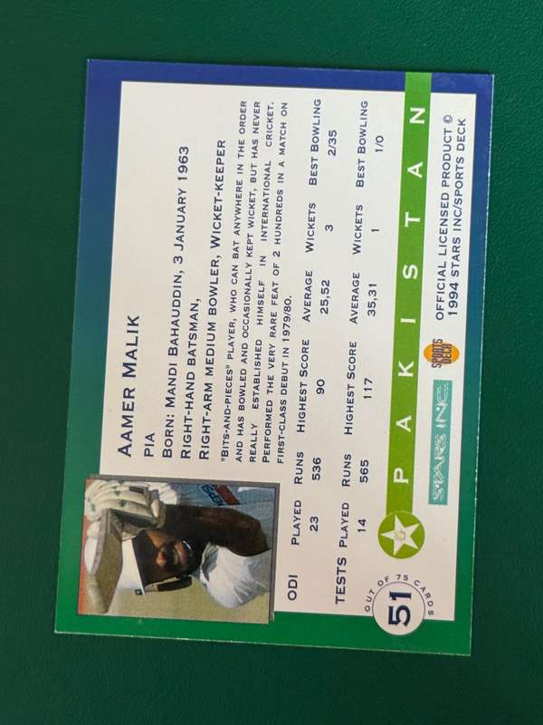 Cricket Card - Aamer Malik 1994 Sports Deck Cricket Card