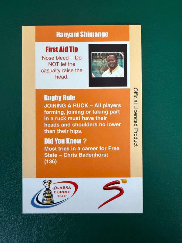Rugby Card - Hanyani Shimange 2004 Cheetahs SCI Rugby Card
