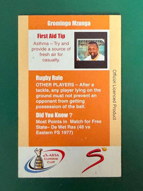 Rugby Card - Gromingo Mzunga 2004 Cheetahs SCI Rugby Card