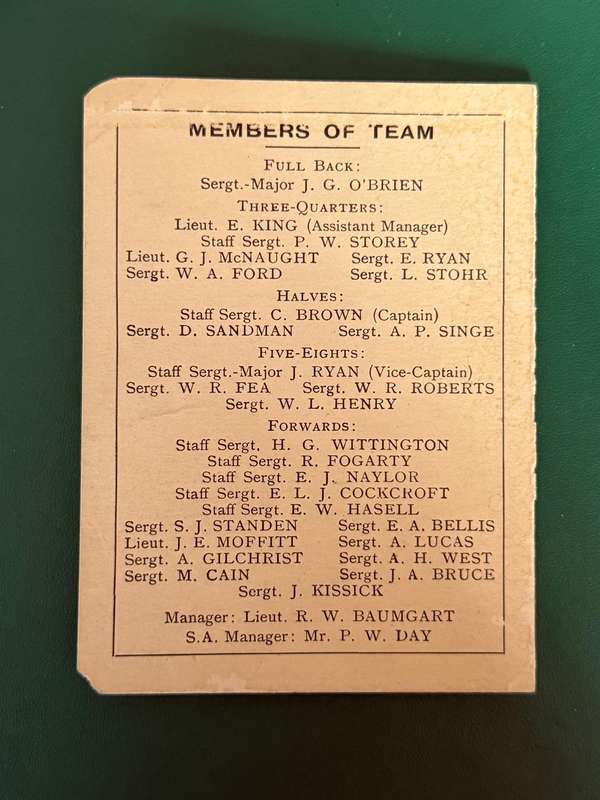 Rugby Itinerary - 1919 New Zealand Service Rugby Football Team issued by SARB