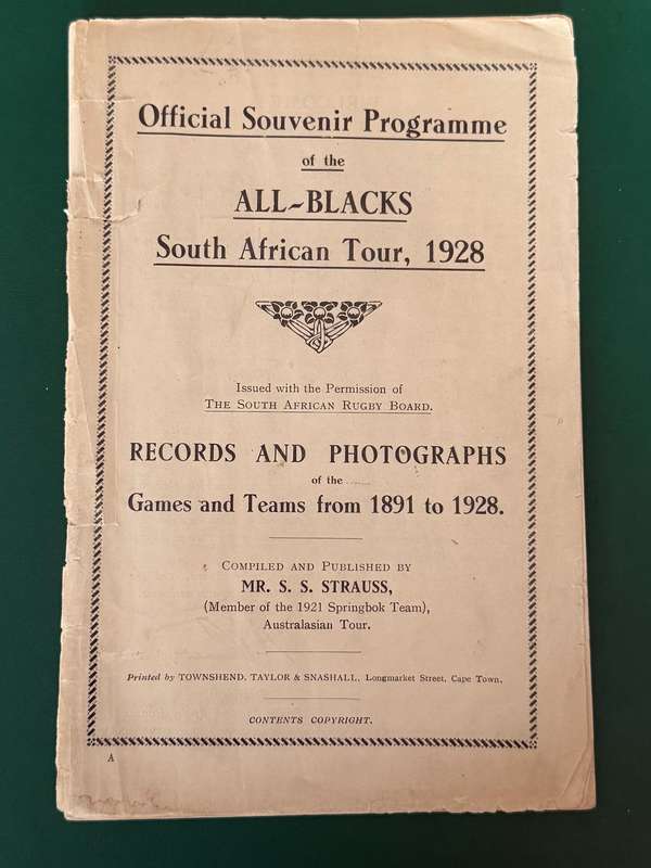 Rugby Itinerary - All-Black tour of South-Africa 1928 published by SS Strauss (1921 Springbok)