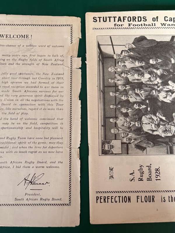 Rugby Itinerary - All-Black tour of South-Africa 1928 published by SS Strauss (1921 Springbok)