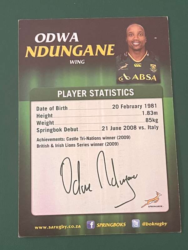 Rugby Card - 2009 Odwa Ndugane Absa Rugby Card