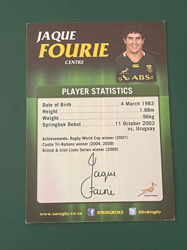 Rugby Card - 2009 Jaque Fourie Absa Rugby Card