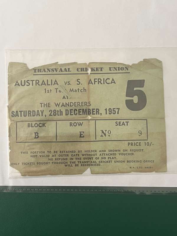 Cricket Ticket - South-Africa vs Australia 23-28 December 1957 (Johannesburg)