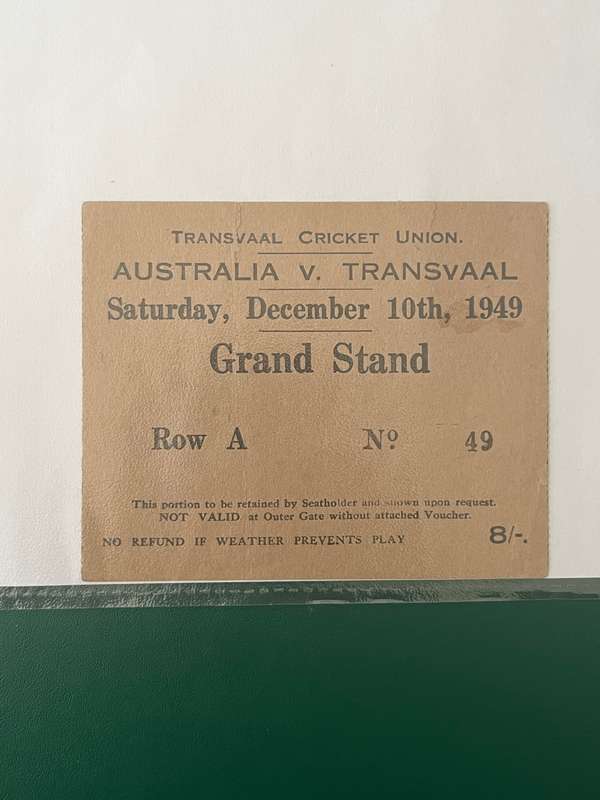 Cricket Ticket - Transvaal vs Australia 10-13 December 1949