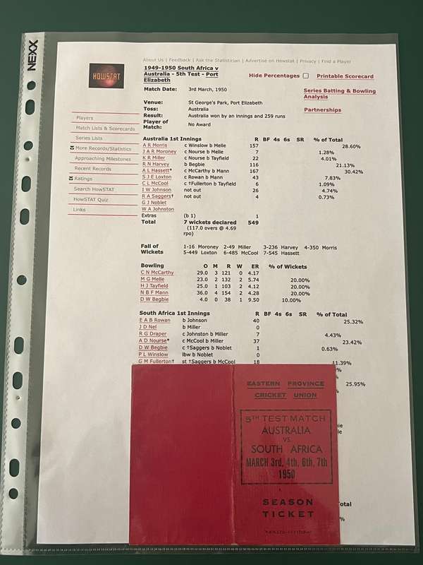 Cricket Ticket - South-Africa vs Australia 03/03/1950 (Eastern Province Season Ticket)