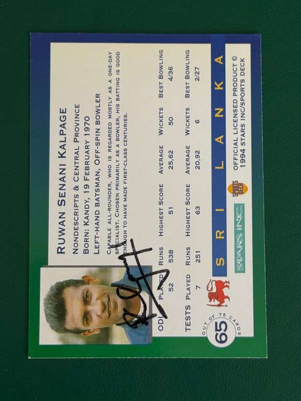 Cricket Card - *SIGNED* Ruwan Kalpage 1994 Sports Deck Cricket Card