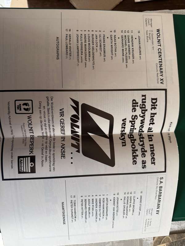 Rugby Programme - SA Barbarian XV vs Wolnit Centenary XV 23/07/1986