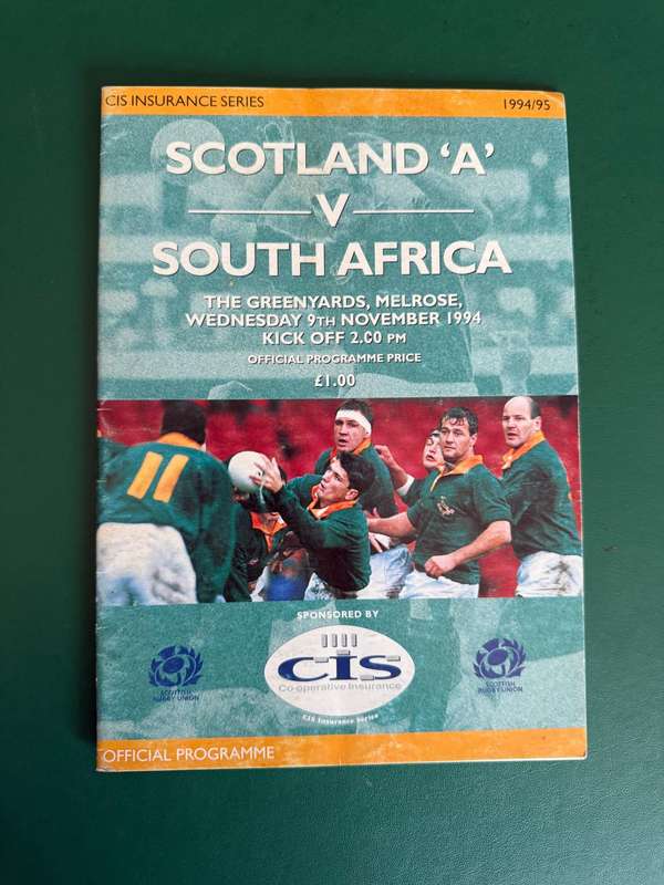Rugby Programme - *Tour match* Scotland A vs South-Africa 09/11/1994