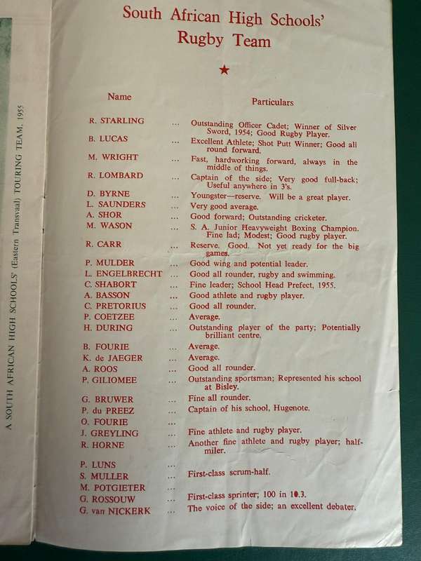 Rugby Programme - South-African High Schools XV vs Welsh Secondary Schools XV 12/02/1955