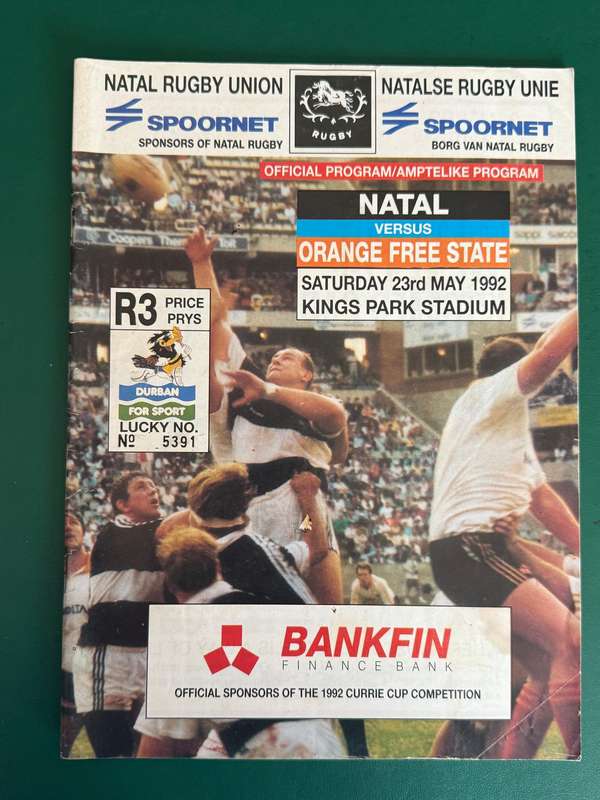 Rugby Programme - Natal vs Orange Free State 23/05/1992