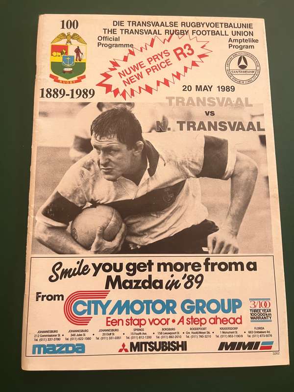 Rugby Programme - Transvaal vs Northern Transvaal 20/05/1989