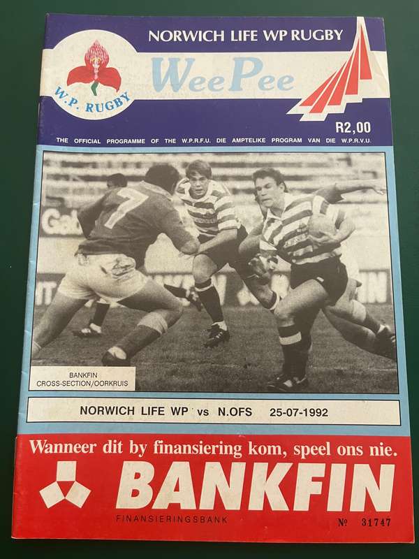 Rugby Programme - Western Province vs Northern-Free State 25/07/1992