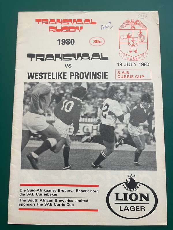 Rugby Programme - Transvaal vs Western Province 19/07/1980