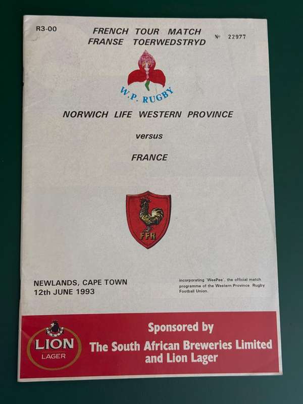 Rugby Programme - *TOUR* Western-Province vs France 12/06/1993