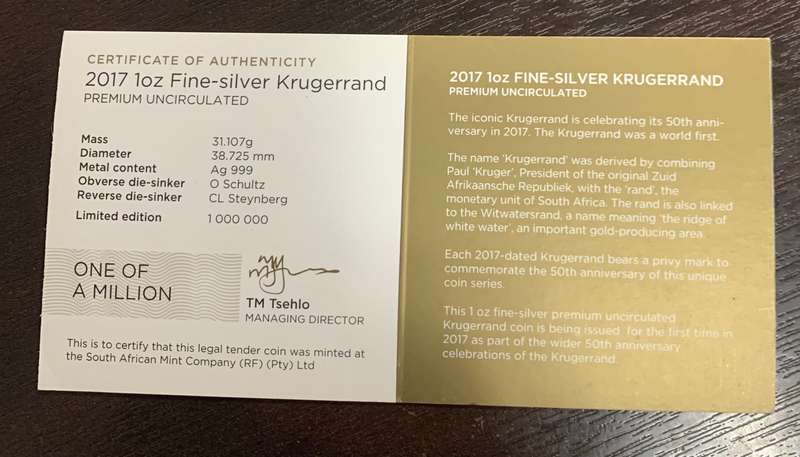 (  2017  PRIVY MARK  )   PREMIUM  UNC.    GRADE PU68   RSA SILVER KRUGERRAND PLUS CERT.