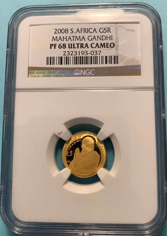 (  SA PROTEA SERIES  )  2008    MAHATMA GANDHI   1/10 oz   24ct    PROOF GOLD COIN   CERTIFIED