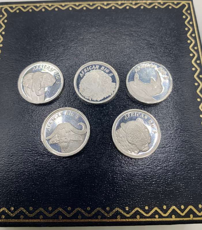 (  UNIQUE SET  )  5 X 1/10oz   AFRICAN BIG 5   PURE SILVER ROUNDS   PLUS CERTIFICATE
