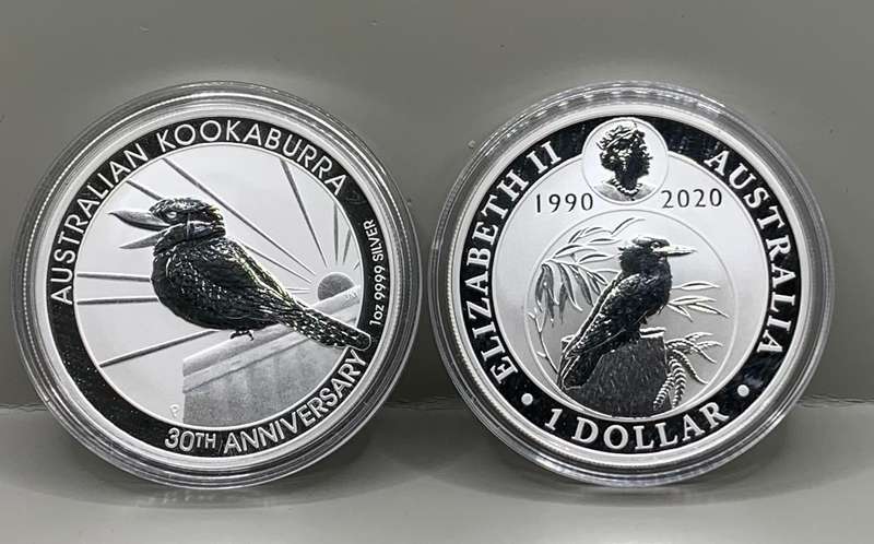 (  3Oth ANNIVERSARY  )  2020    AUSTRALIAN KOOKABURRA   1990 - 2020     PURE SILVER  IN A CAPSULE