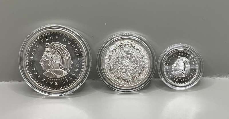 ( UNIQUE THREE COIN SET  )    AZTEC MEXICAN CALENDAR    1/10oz, 1/4oz and 1/2oz   SILVER ROUNDs