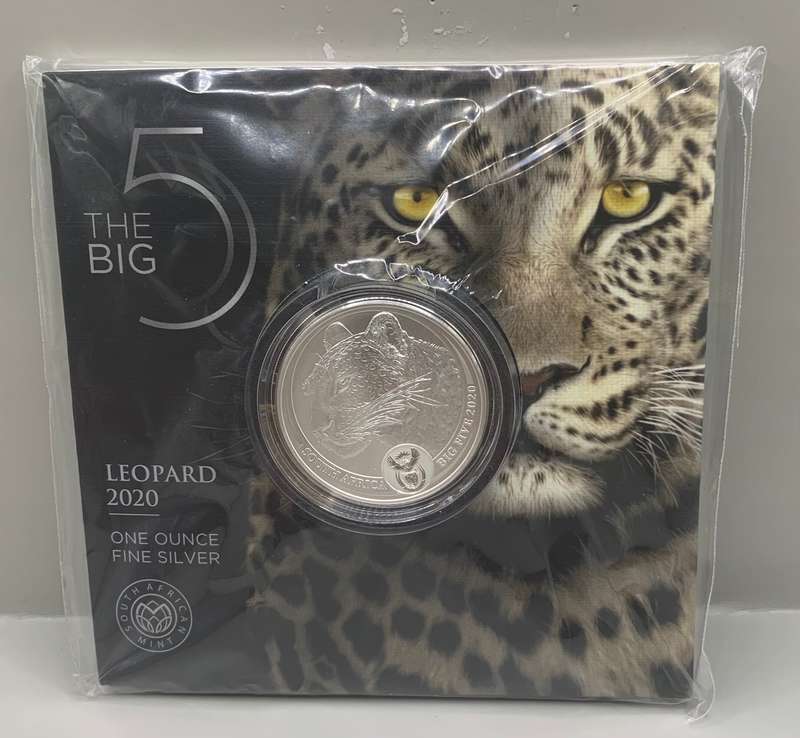 (  BRILLIANT UNC.  )   2021 BIG 5    LEOPARD  ONE OUNCE FINE SILVER    CERTIFIED
