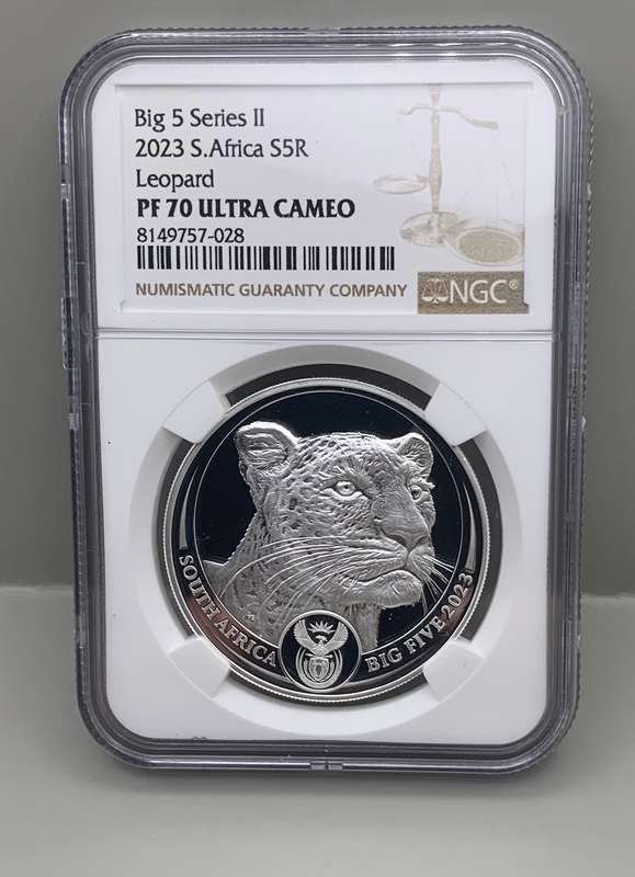 (   HIGHEST PROOF PF70 POSSIBLE  )    2023    BIG 5 LEOPARD   1oz PURE SOLID SILVER  LIMITED EDITION