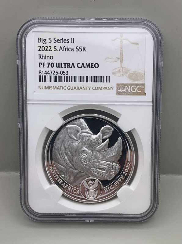 (   HIGHEST PROOF PF70 POSSIBLE  )    2022    BIG 5  RHINO  1oz PURE  SILVER  LIMITED EDITION