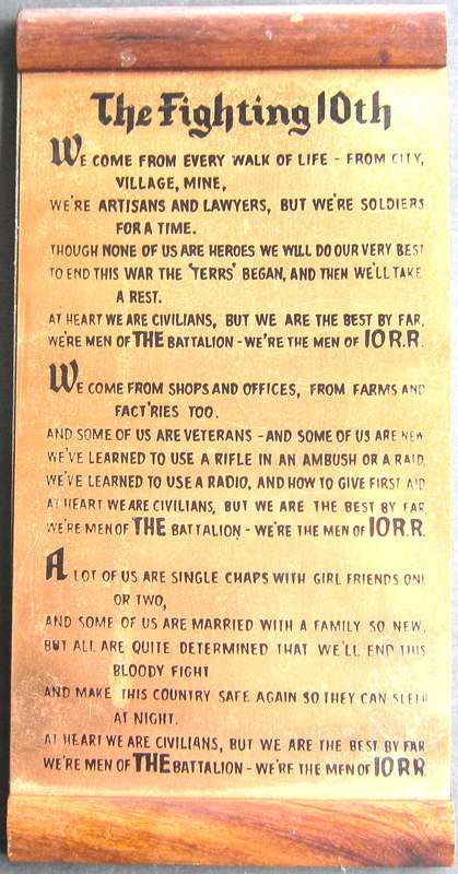 RHODESIAN BUSH WAR POEM OF THE 10TH BATTALION OF THE RHODESIA REGIMENT PRINTED ON COPPER 29 X 15 CM
