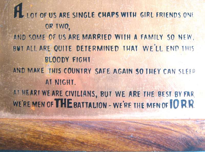 RHODESIAN BUSH WAR POEM OF THE 10TH BATTALION OF THE RHODESIA REGIMENT PRINTED ON COPPER 29 X 15 CM